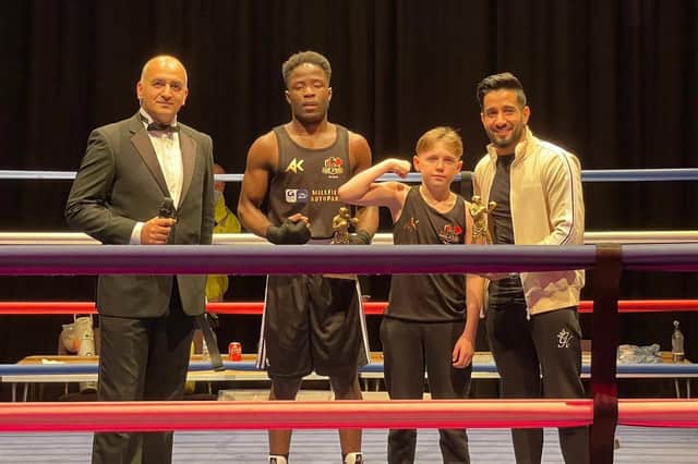 Top Yard’s ‘Super Chick’ fighter of the night winners Amit Jobe (second left) and Lewis Burton (second right).