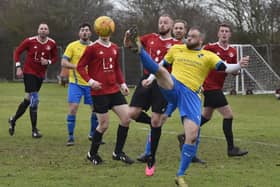 Action from Sawtry (yellow) v Tydd Reserves at Greenfields. Photo: David Lowndes.