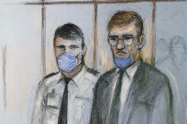 Court artist sketch by Elizabeth Cook of James Watson (right), appearing in the dock at the Old Bailey in London