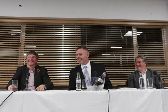 Posh co-owners from left, Dr Jason Neale, Darragh MacAnthony and Stewart 'Randy' Thompson.