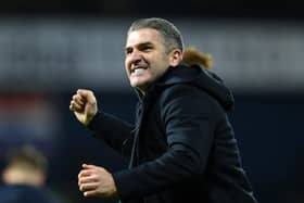 Preston manager Ryan Lowe celebrates a recent win at West Brom. Photo: Clive Mason/Getty Images.