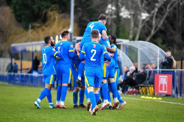 Peterborough Sports celebrate a goal against Coalville. Photo: James Richardson.