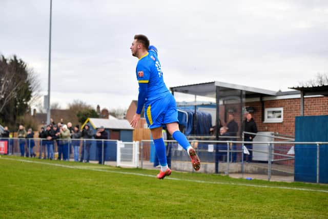 Ryan Hawkins celebrates his first Peterborough Sports goal. Photo: James Richardson.