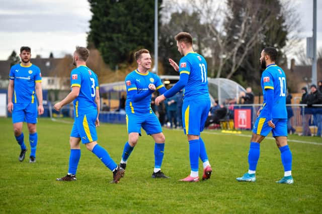 Peterborough Sports celebrate a goal against Coalville. Photo: James Richardson.