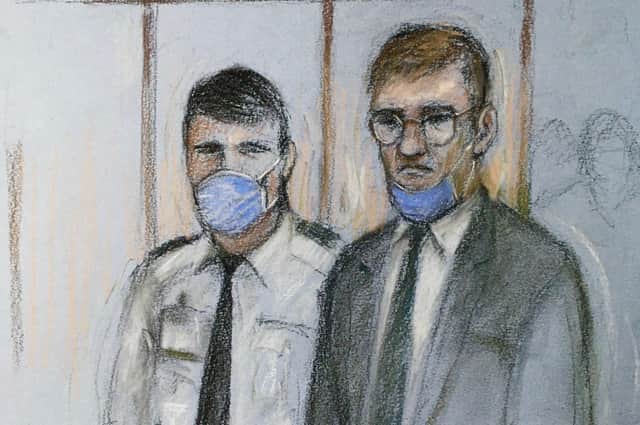 Court artist sketch by Elizabeth Cook of James Watson (right), appearing in the dock at the Old Bailey in London, charged with the murder of six-year-old Rikki Neave