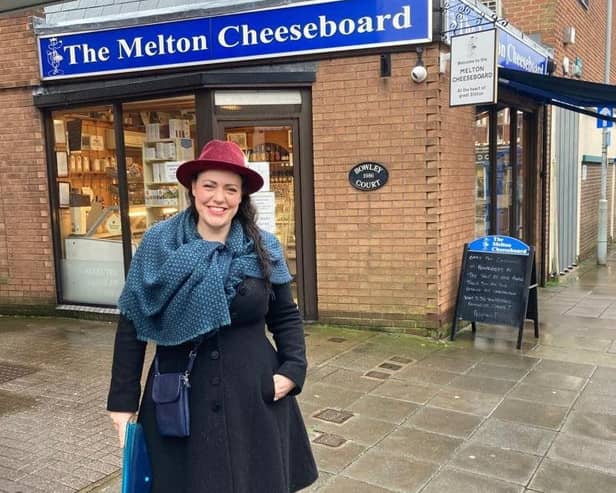 Alicia Kearns MP outside The Melton Cheeseboard, winner of the Food and Drink category.