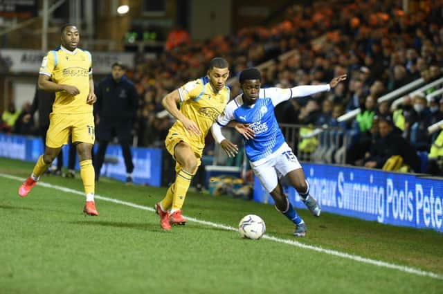 Kwame Poku in action for Posh against Reading. Photo: David Lowndes.