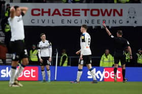 Tom Lawrence of Derby County is shown a straight red card. Photo: Joe Dent.