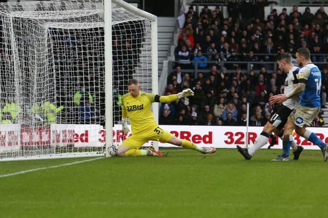 Posh full-back Hayden Coulson's cross almost crept in at the near post at Derby. Photo: Joe Dent/theposh.com.