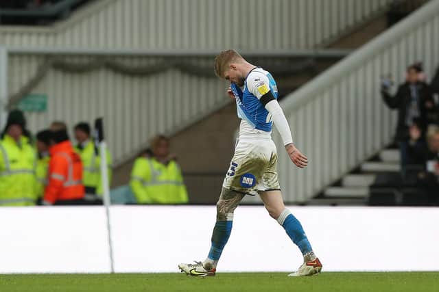 Hayden Coulson of Peterborough United after his sending off at Derby. Photo: Joe Dent/theposh.com.