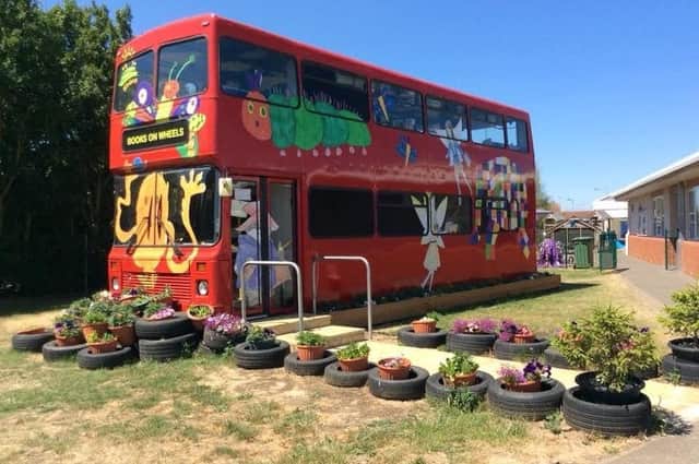 The book bus at Fourfields Community Primary School that was vandalised.