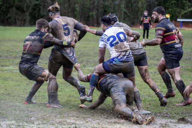 Action in the mud at Bretton Park between Peterborough Lions and West Bridgford. Photo: Mick Sutterby.
