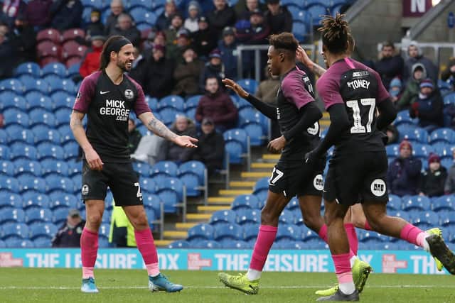 Striker Ricky-Jade Jones (centre) after scoring at Burnley on the last occasion Posh faced top-flight opposition in the FA Cup.