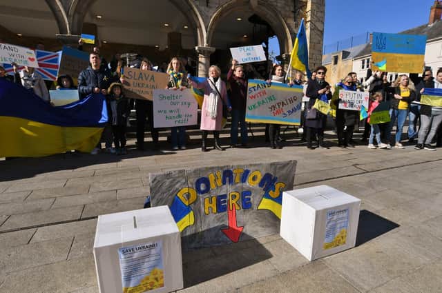 A protest in support of Ukraine in Cathedral Square.