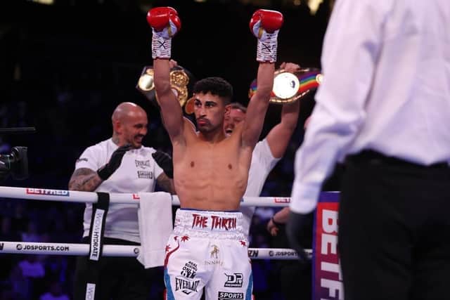 Jordan Gill celebrates his European Featherweight title success. Photo: Mark Robinson/Matchroom Boxing.