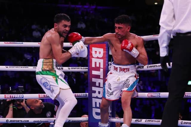 Jordan Gill delivers the knockout blow in his European title fight win over Karim Guerfi. Photo: Mark Robinson/Matchroom Boxing.