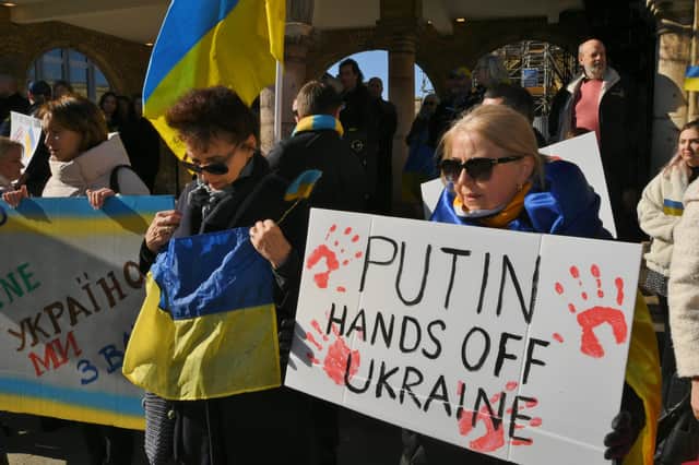A protest in support of Ukraine in Cathedral Square.