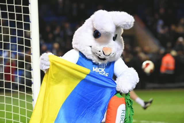 Peterborough United mascot Peter Burrow holding the Ukrainian flag.