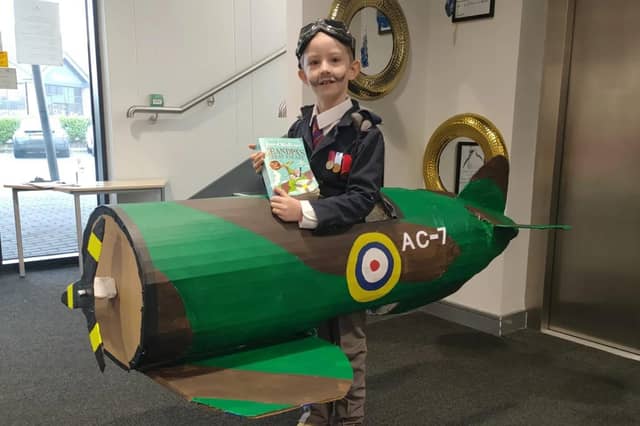 Albee, aged 7, dressed as Grandpa in Grandpa's Great Escape by David Walliams.