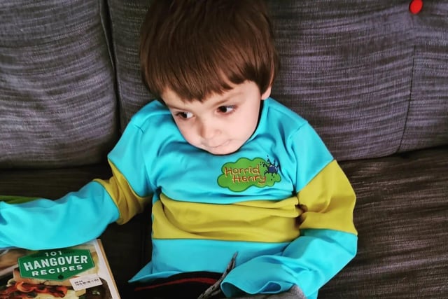 "My son, aged four, as Horrid Henry which is good as he is autistic and doesn't usually like to wear stuff, I didn't let him take his hangover recipes book with him though."