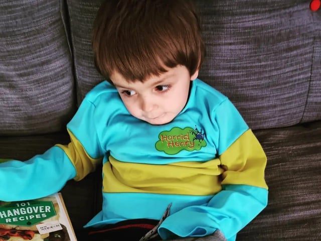 "My son, aged four, as Horrid Henry which is good as he is autistic and doesn't usually like to wear stuff, I didn't let him take his hangover recipes book with him though."