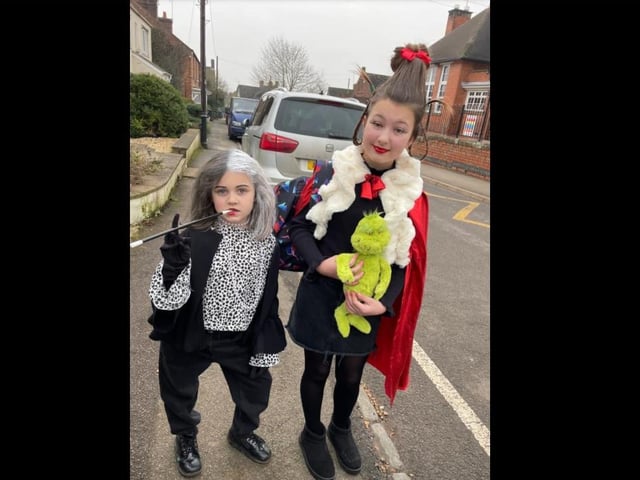 Faith, aged 11, dressed as Cruella De Vil from 101 Dalmations and Amaya-Grace dressed as Cindy-Lou Who from Dr Seuss' The Grinch.