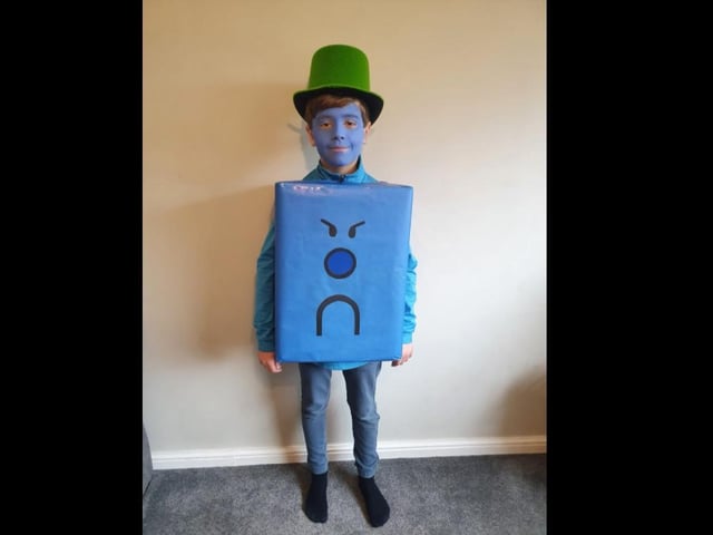 Jaxon, aged 9, dressed as Mr Grumpy from the Mr Men books, written by Roger Hargreaves.
