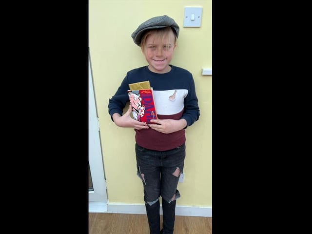 Massimo, aged 10, dressed as Charlie Bucket from Roald Dahl's Charlie and the Chocolate Factory