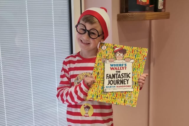 There he is! Oliver, aged 5, dressed as Wally from the 'Where's Wally?' books, illustrated by Martin Handford.