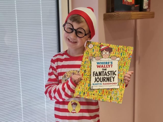 There he is! Oliver, aged 5, dressed as Wally from the 'Where's Wally?' books, illustrated by Martin Handford.