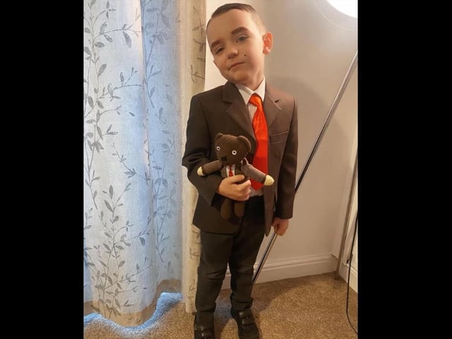 Charlie, aged 4, as Mr Bean with his Teddy