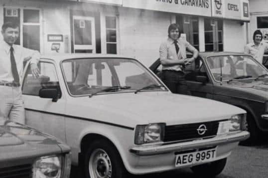Neil Franklin (centre) pictured with fellow driving instructors Arthur LIines (left) and Phil Holmes (right) after purchasing new Opel Kadet driving tuition vehicles from Boroughbury Garage, Lincoln Road, Peterborough in 1979.