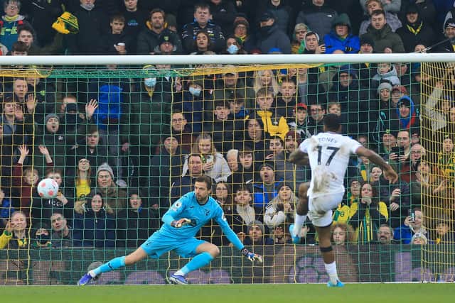 Ivan Toney completes his hat-trick from the penalty spot at Norwich City. Photo: Stephen Pond/Getty Images