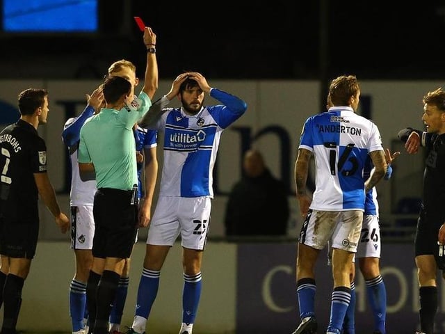 Cian Harries of Bristol Rovers is sent off by referee Craig Hicks during the Sky Bet League Two match between Bristol Rovers and Port Vale. Rovers have had a division high eight red cards this year.
Photo: Getty Images