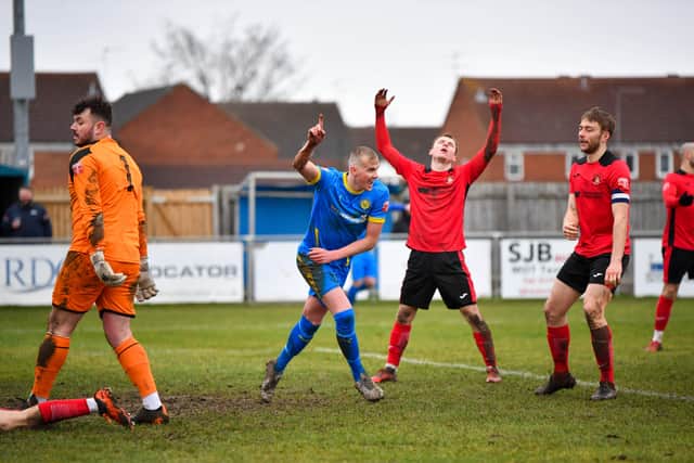 Brad McGowan celebrates a goal for Peterborough Sports against Needham Market. Photo: James Richardson.