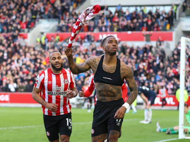 Ivan Toney celebrates his first goal for Brentford against Burnley. Photo: Catherine Ivill/Getty Images.