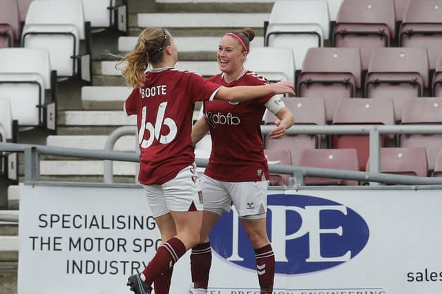 Leah Cudone celebrates her goal with Zoe Boote. Pictures: Pete Norton.