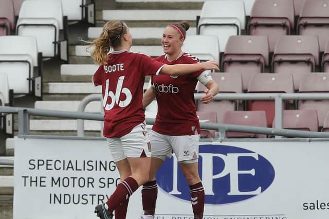 Leah Cudone celebrates her goal with Zoe Boote. Pictures: Pete Norton.