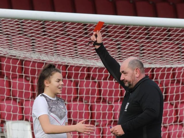 Loughborough's Heather Wearmouth sees red for the challenge on Alex Dicks