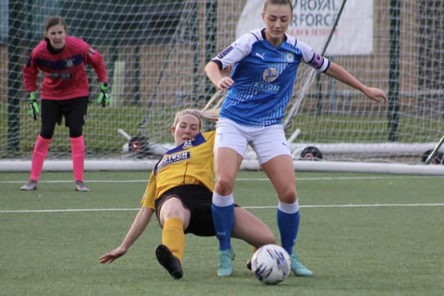 Keir Perkins in action for Posh Women against Leek Town. Photo: Gary Reed.