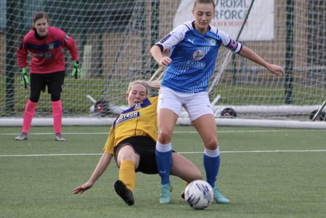Keir Perkins in action  for Posh Women against Leek Town. Photo: Gary Reed.