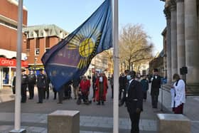 Peterborough Town Hall raising of the Commonwealth flag cereomy attended by Mayor of Peterborough Steve Lane, Mayoress Margaret Lane and MP for Peterborough Paul Bristow EMN-220314-121107009