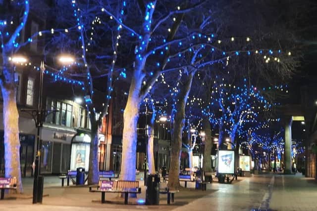 Peterborough's Bridge Street lit up in the colours of the Ukrainian flag. Photo: Peterborough City Council.