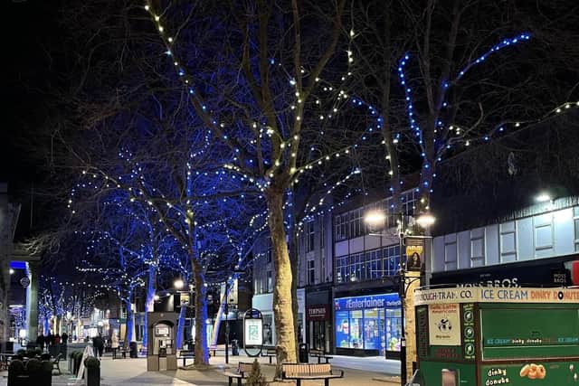 Lights in Peterborough's Bridge Street. Photo: Cllr Wayne Fitzgerald.