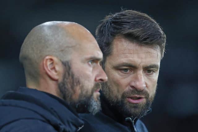 Swansea manager Russell Martin (right) with his assistant Luke Williams. Photo: Athena Pictures/Getty Images.