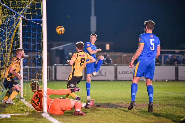 Dan Jarvis scores a late winner for Peterborough Sports against Rushden & Diamonds. Photo: James Richardson.