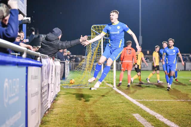 Dan Jarvis celebrates his late winning goal for Peterborough Sports against Rushden & Diamonds. Photo: James Richardson.