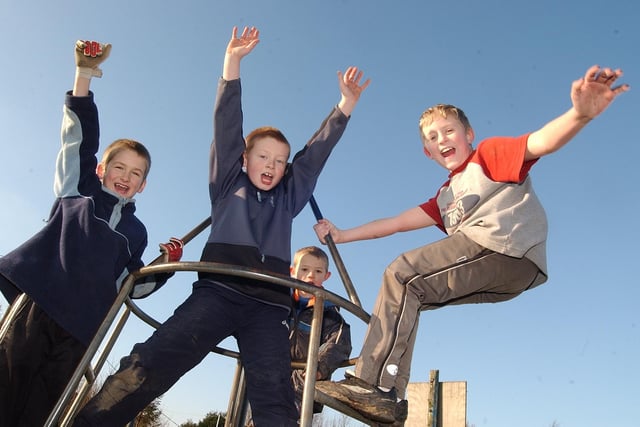 New Ark Adventure Playground and City Farm, ( left to right ) Shane Knappert age 10, Scott Hall age 9,  Daniel Edge age 9, Gordan Edge age 5 playing on the climbing frame
