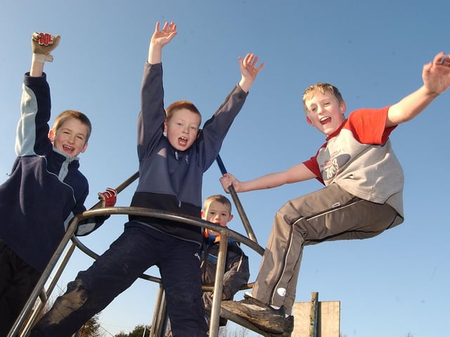 New Ark Adventure Playground and City Farm, ( left to right ) Shane Knappert age 10, Scott Hall age 9, Daniel Edge age 9, Gordan Edge age 5 playing on the climbing frame