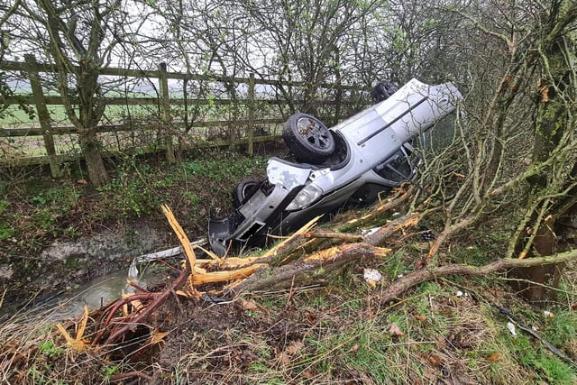 The driver involved in this single vehicle collision failed a drugs wipe for cannabis and was arrested by officers before being taken to hospital for minor injuries.